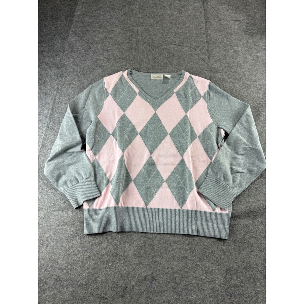 Studio Works Argyle Sweater Womens XL Grey Pink V-Neck Cotton Knit Pullover Prep